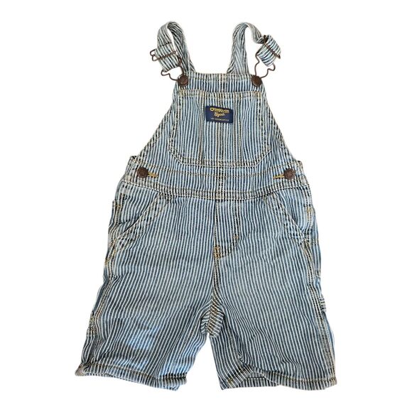 OshKosh B'gosh Railroad Blue Stripe Vestback Overalls 24 Months Shorts - Picture 1 of 6